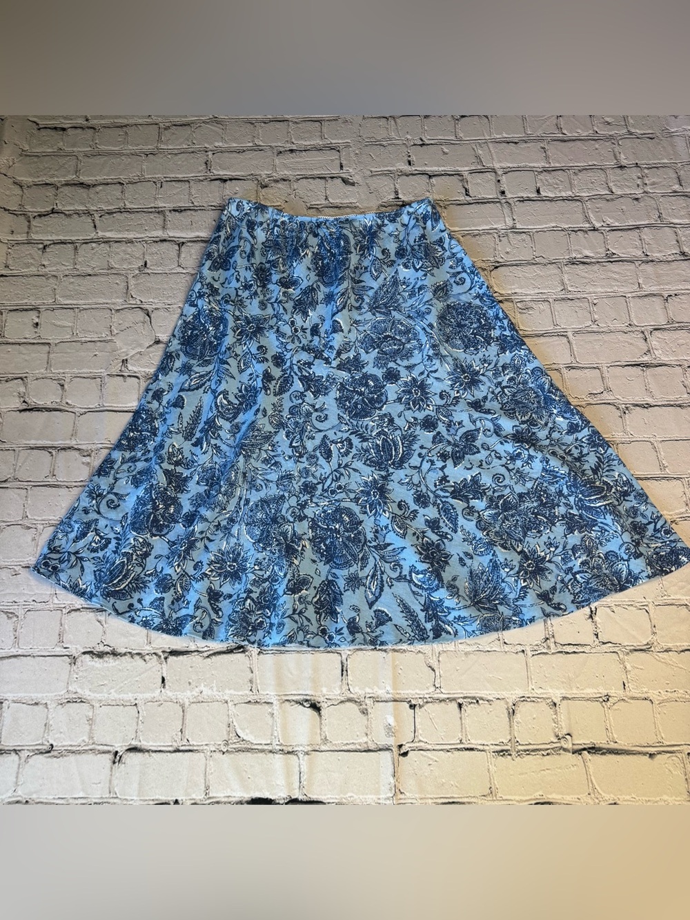 JM Collection 100% Linen Blue Floral Motif Print Midi Skirt Cottagecore Size 12P